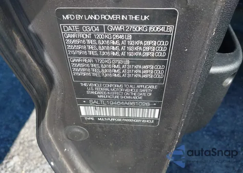 2004 Land Rover Discovery S from USA, damaged, VIN SALTL19464A861028